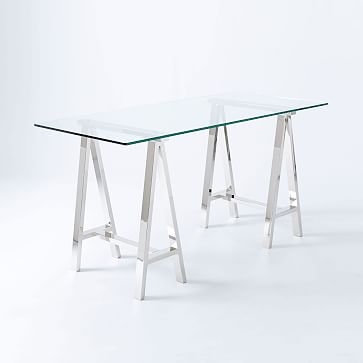 Cross Base Desk, Glass Top/Nickel Base - Image 1