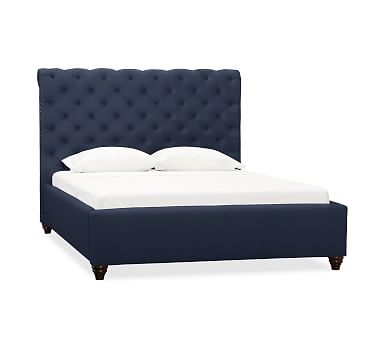Chesterfield Upholstered King Bed, Polyester Wrapped Cushions, Twill Cadet Navy - Image 1