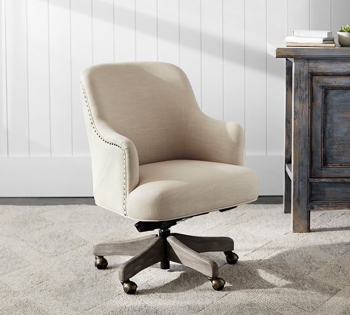 Reeves Upholstered Swivel Desk Chair, Gray Wash Frame, Linen Blend Oatmeal - Image 1