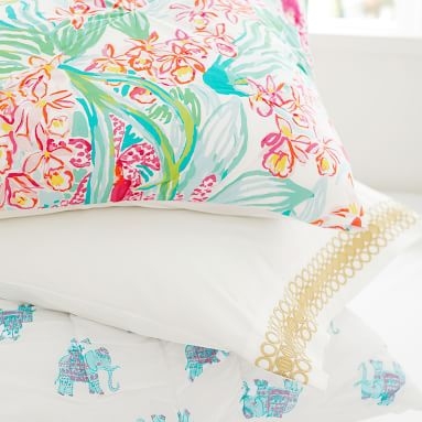 Lilly Pulitzer Organic Embroidered Trim Sheet Set, Twin/Twin XL, Gold - Image 1