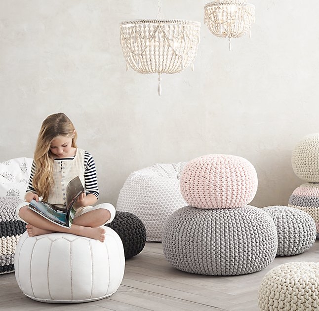 Knit cotton round pouf, Natural - Small - Image 2