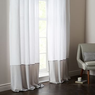 Linen Velvet Colorblock Curtain, White/Frost, 48"X96'' - Image 1