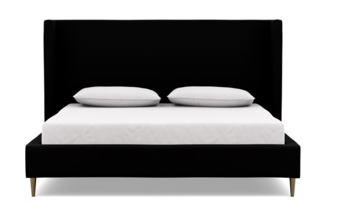 CUSTOM: Oliver Cal King Bed - Panther Heavy Cloth, Brass Plated Tapered Round Metal legs, High 54" headboard - Image 1
