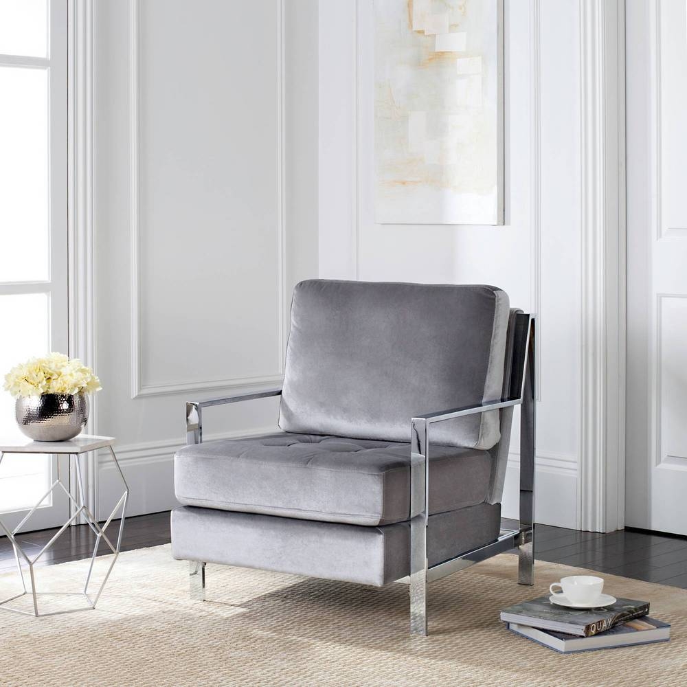Walden Modern Tufted Velvet Chrome Accent Chair - Light Grey  - Arlo Home - Image 4