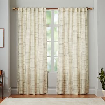 Mid-Century Cotton Canvas Etched Grid Curtain, Set of 2, Slate, 48"x84" - Image 1