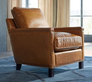 Tyler Square Arm Leather Armchair with Nailheads, Down Blend Wrapped Cushions, Vintage Caramel - Image 1