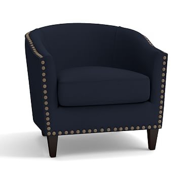 Harlow Upholstered Armchair with Bronze Nailheads, Polyester Wrapped Cushions, Twill Cadet Navy - Image 1