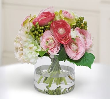 Faux Rose And Hydrangea In Cylinder Vase - Image 1