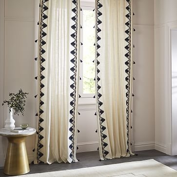 Embroidered Border Curtain, Navy, 48"x96" - Image 1