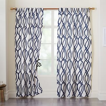 Cotton Canvas Scribble Lattice Curtain, Set of 2, Midnight, 48"x96" - Image 1