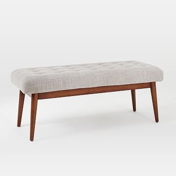 Mid Century Upholstered Bench, Platinum, Linen Weave - Image 1