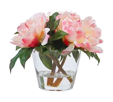 Faux Peonies In Round Glass Vase - Image 1