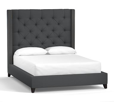 Harper Tufted Upholstered Bed with Bronze Nailheads, King, Tall Headboard65"h, Premium Performance Basketweave Charcoal - Image 1