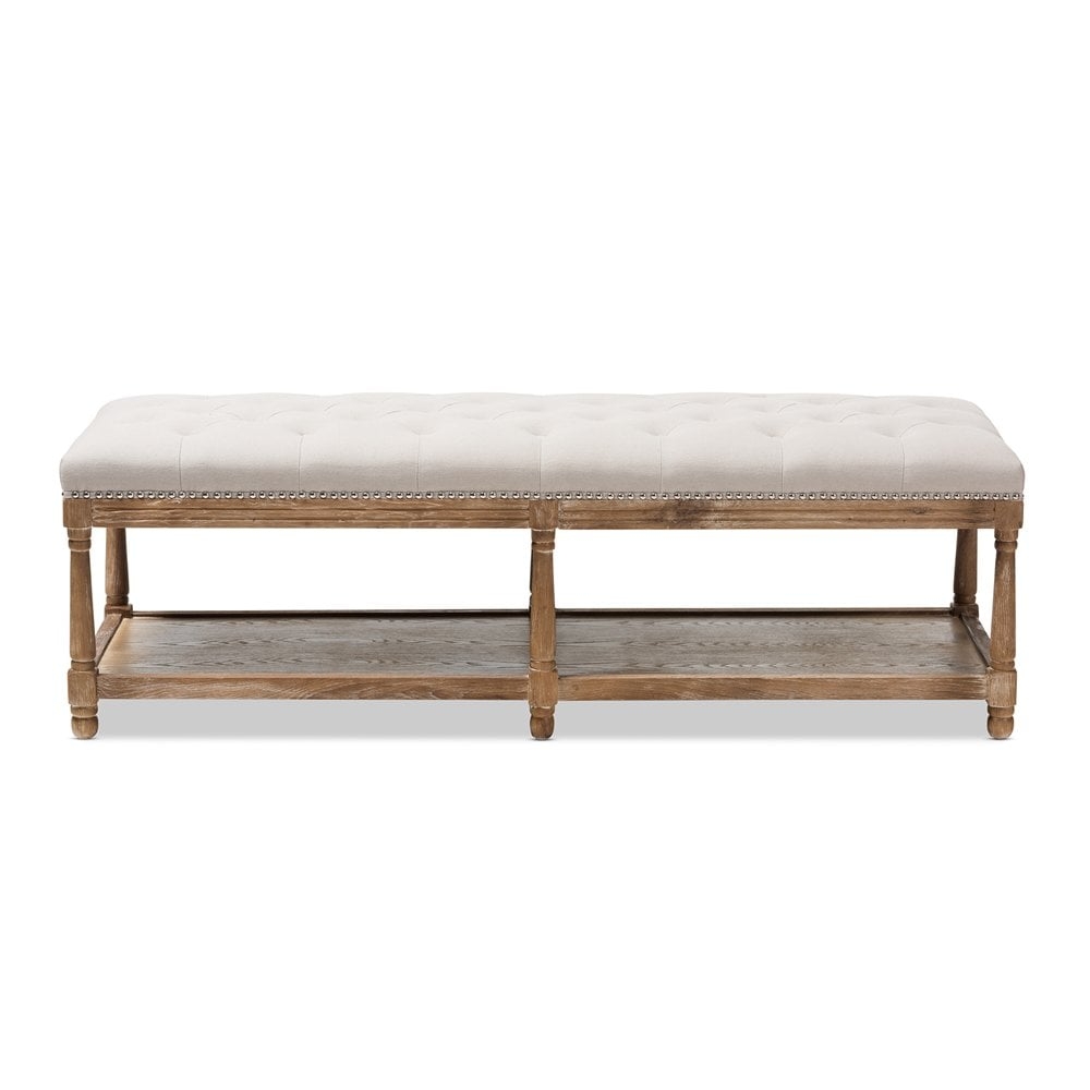 BAXTON STUDIO CELESTE FRENCH COUNTRY WEATHERED OAK BEIGE LINEN UPHOLSTERED OTTOMAN BENCH - Image 0