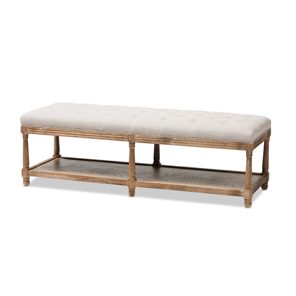 BAXTON STUDIO CELESTE FRENCH COUNTRY WEATHERED OAK BEIGE LINEN UPHOLSTERED OTTOMAN BENCH - Image 1