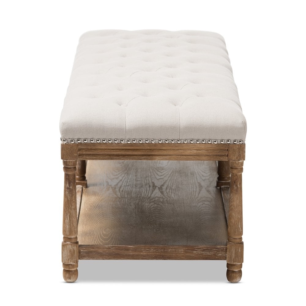 BAXTON STUDIO CELESTE FRENCH COUNTRY WEATHERED OAK BEIGE LINEN UPHOLSTERED OTTOMAN BENCH - Image 2