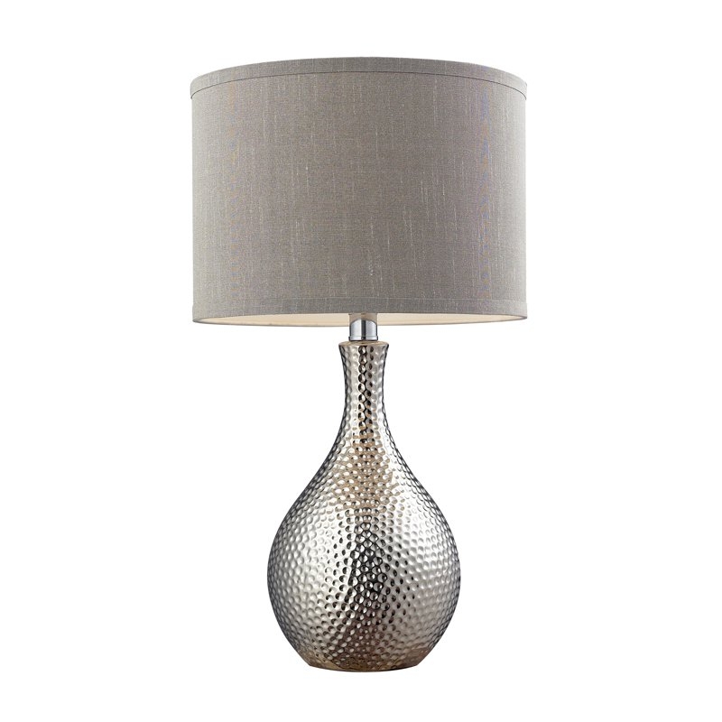 Hammered Chrome Plated Table Lamp With Grey Faux Silk Shade - Image 0
