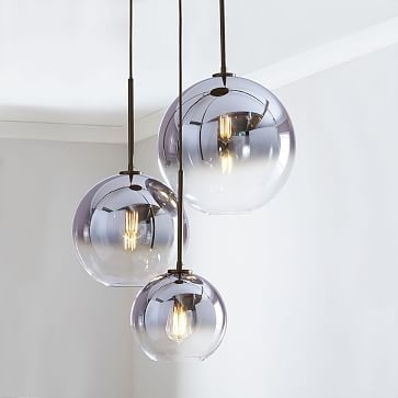 Sculptural Glass 3-Light Round Globe, Chandelier, S-M-L Globe, Silver Ombre Shade, Bronze Canopy - Image 1