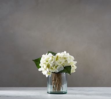 Faux White Hydrangea Arrangement in Glass Vase - Image 1
