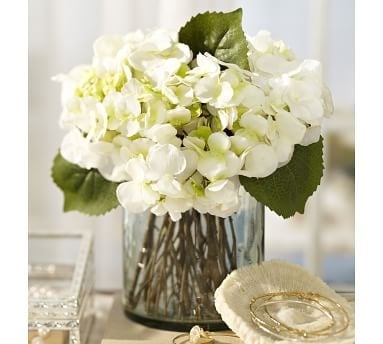 Faux White Hydrangea Arrangement in Glass Vase - Image 2