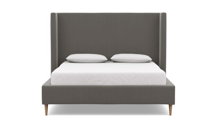 Custon: Oliver Beds in Greige Mod Velvet Fabric with tall headboard with Natural Oak Tapered Round Wood -54"H - Image 0