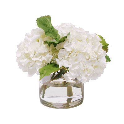 Faux White Hydrangeas in Glass Vase - Image 0