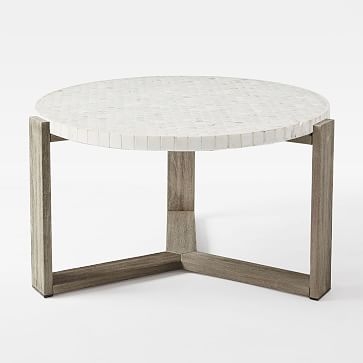 Mosaic Outdoor 32 in Round Coffee Table, White, Weathered Gray - Image 0