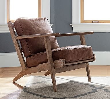 Raylan Leather Armchair with Brown Frame, Down Blend Wrapped Cushions, Nubuck Cocoa - Image 1