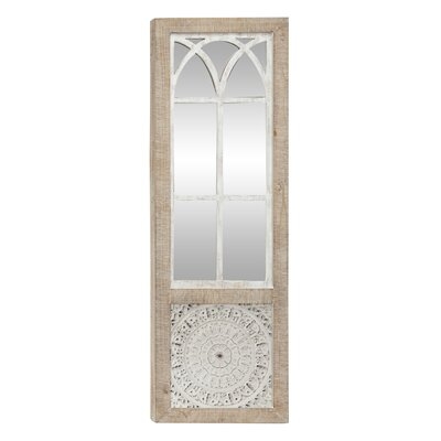 Oatman 16" x 47" Vintage Rectangular Wood Wall Mirror with Cathedral Frame Overlay & Carved Mandala Design Inlay - Image 0
