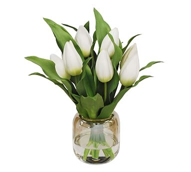 Faux Tulip In Vase, White, 13" - Image 0