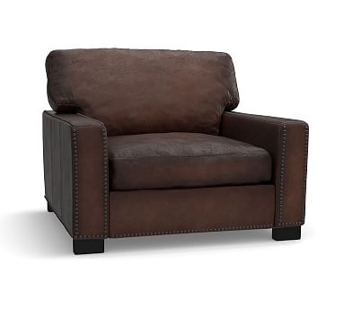 Turner Square Arm Leather Grand Armchair 43" with Nailheads, Down Blend Wrapped Cushions, Burnished Walnut - Image 0