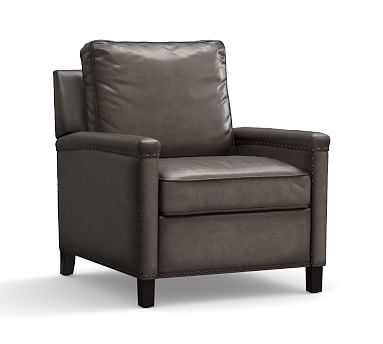 Tyler Square Arm Leather Recliner With Bronze Nailheads, Down Blend Wrapped Cushions, Burnished Wolf Gray - Image 0