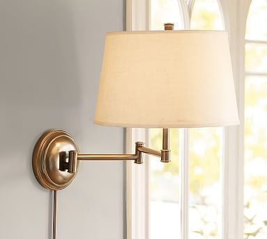Chelsea Swing-Arm Sconce, Aged Brass Base &amp; Small Tapered Gallery shade, White - Image 0