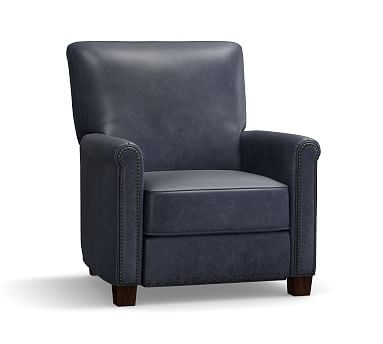 Irving Roll Arm Leather Recliner with Nailheads, Polyester Wrapped Cushions, Statesville Indigo Blue - Image 0