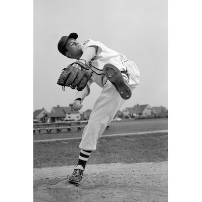 '1950s Teen in Baseball Uniform Winding Up for Pitch' Photographic Print on Wrapped Canvas - Image 0