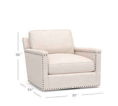 Tyler Square Arm Upholstered Swivel Armchair without Nailheads, Polyester Wrapped Cushions, Premium Performance Awning Stripe Light Gray/Ivory - Image 1