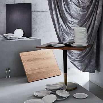 Orbit Base Square Dining Table, Dark Walnut, Antique Bronze/Glossy Black - Image 1