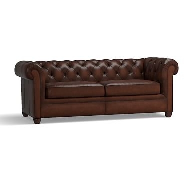 Chesterfield Roll Arm Leather Sofa 86", Polyester Wrapped Cushions, Leather Burnished Walnut - Image 2