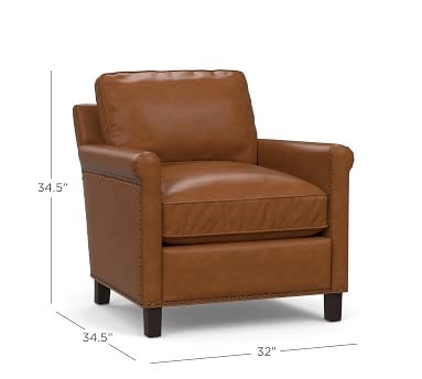 Tyler Roll Arm Leather Armchair with Nailheads, Down Blend Wrapped Cushions, Statesville Toffee - Image 1