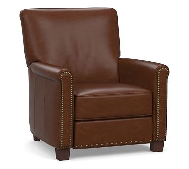 Irving Roll Arm Leather Power Recliner, Bronze Nailheads, Polyester Wrapped Cushions, Legacy Chocolate - Image 0