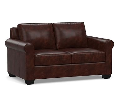 York Roll Arm Leather Loveseat 63", Polyester Wrapped Cushions, Legacy Tobacco - Image 0