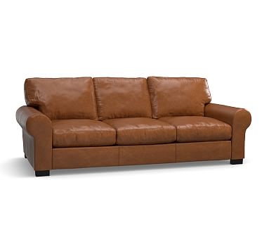 Turner Roll Arm Leather Sofa 91", Down Blend Wrapped Cushions, 3 Seater,  Vintage Caramel - Image 1