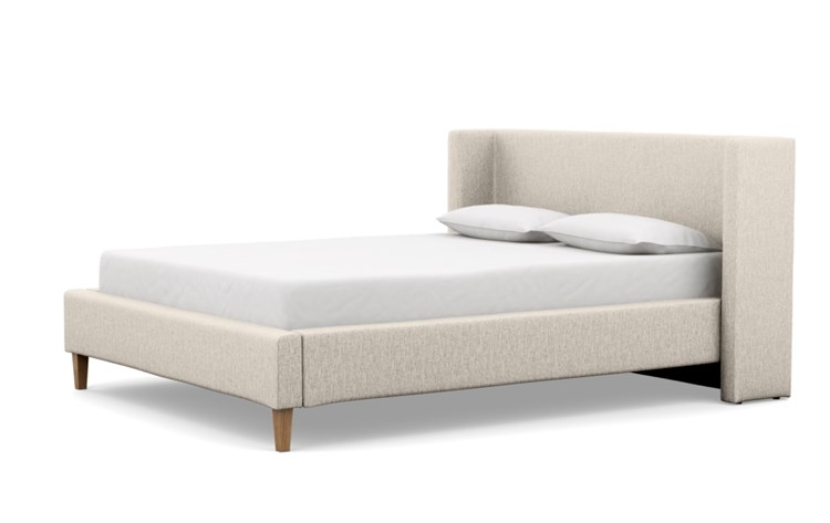 Oliver Queen Bed with Beige Wheat Fabric, low headboard, and Natural Oak legs - Image 4