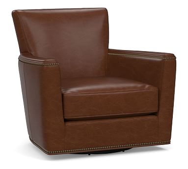 Irving Square Arm Leather Swivel Armchair with Bronze Nailheads, Polyester Wrapped Cushions, Leather Legacy Chocolate - Image 0