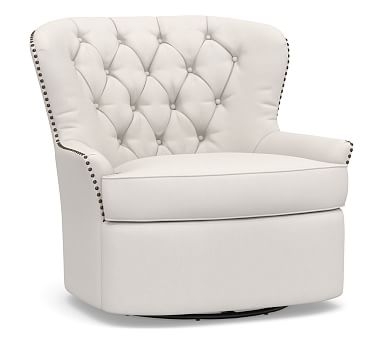 Cardiff Tufted Upholstered Swivel Armchair with Nailheads, Polyester Wrapped Cushions, Performance Everydaylinen(TM) Ivory - Image 2