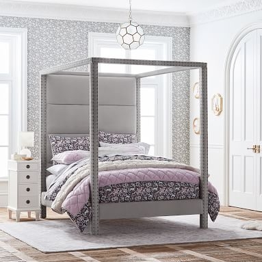 Haven Canopy Bed, Queen, Lustre Velvet Silver, IDS - Image 1