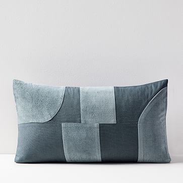 Pieced Cotton Velvet Pillow Cover, Blue Stone, 12"x21" - Image 0