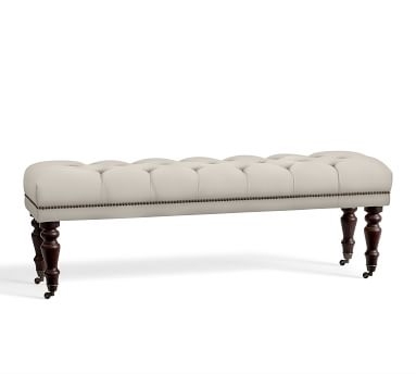 Raleigh Upholstered Tufted Queen Bench with Turned Black Legs and Bronze Nailheads, Basketweave Slub Oatmeal - Image 3