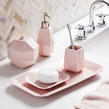 Faceted Porcelain Bath Accessories, Pink, Set of 5 - Image 0