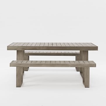 Portside Dining Table Set: 76.5" Table + Two 66" Benches, Weathered Gray - Image 0